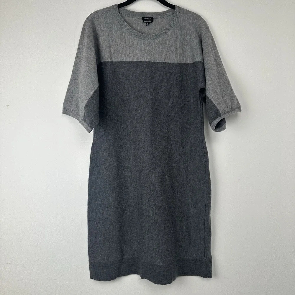 Talbots Women's Merino Wool Sweater Dress size Medium Color Block Gray Office‎